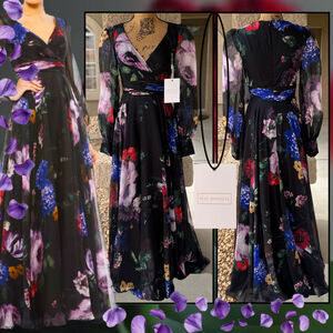 Mac Duggal Black Floral Print Chiffon Long Sleeve Maxi Dress Size 2 NWT